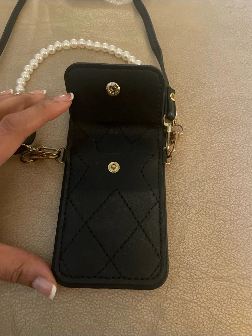 Brand New Black Quilted Crossbody Phone Case with Pearl Handle for iPhone 12 Pro